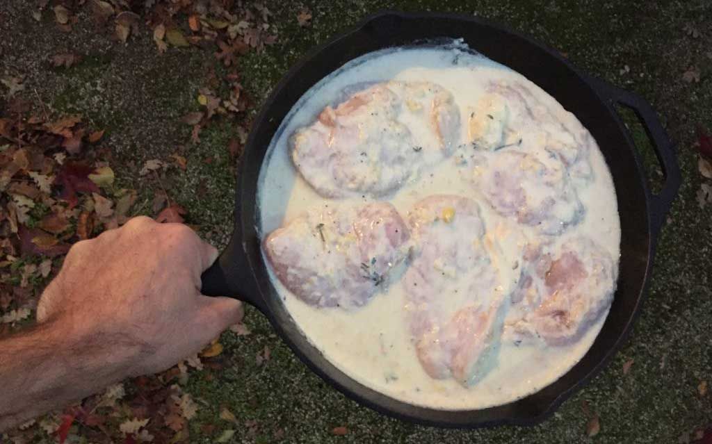 Chicken and marinade in a skillet