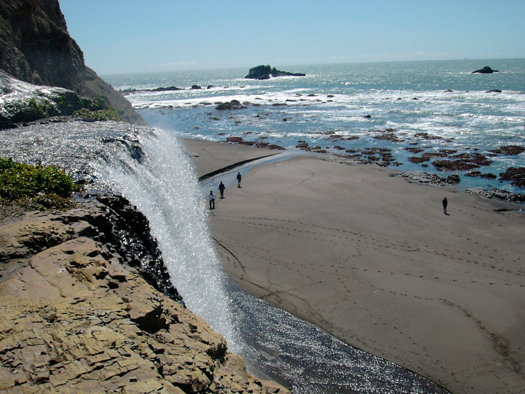 Alamere Falls tumbling towards the beach in Point Reyes.