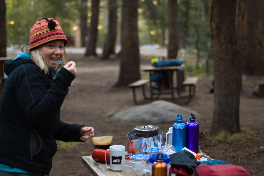 Car camping in the free country with Eureka tents making camp coffee on a Jetboil.