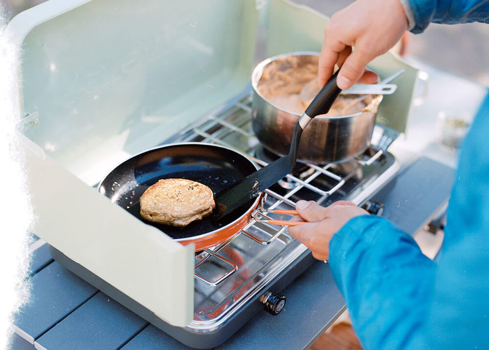 Ready to flip a chocolate chip pumpkin pancake with spatula on the Jetboil summit skillet cooking on the Eureka! Ignite Camp Stove