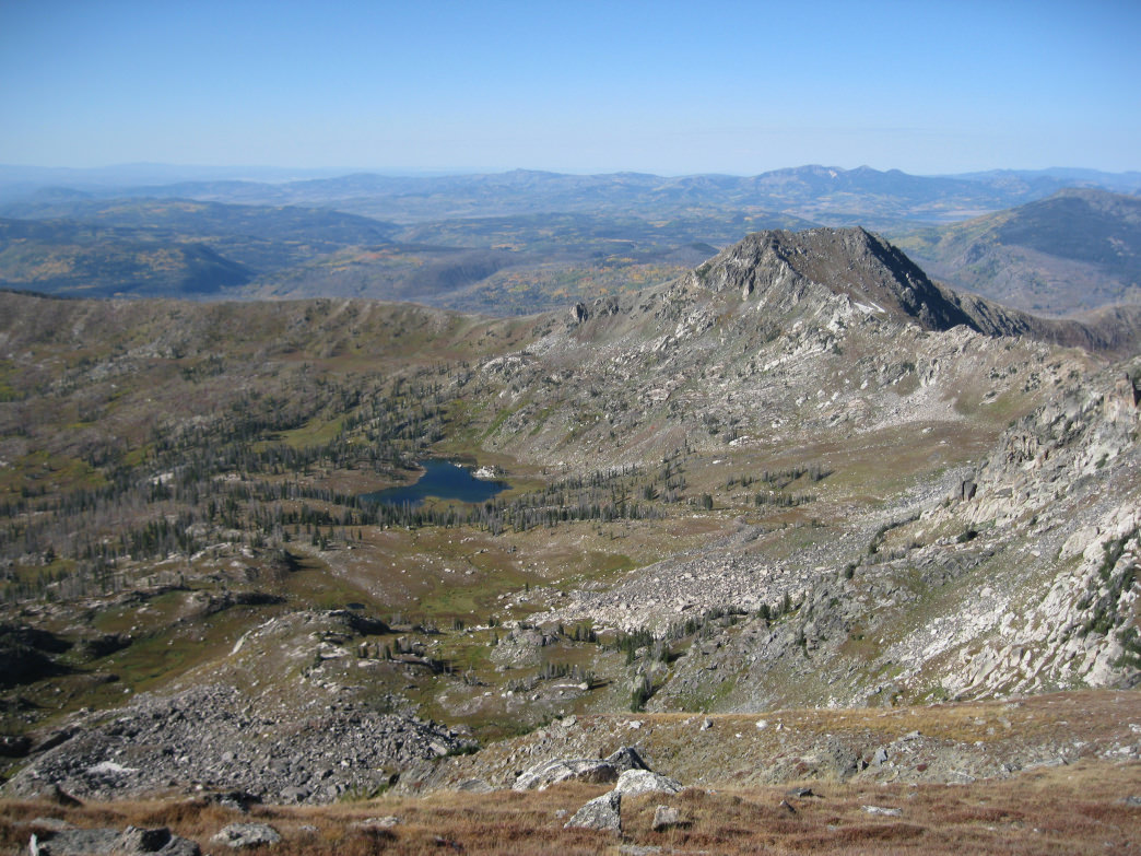 Mica Lake and the Mica Lake Basin as seen from “Middle Agnes” with one of the two Little Agnes Peaks in the distance.
    James Dziezynski