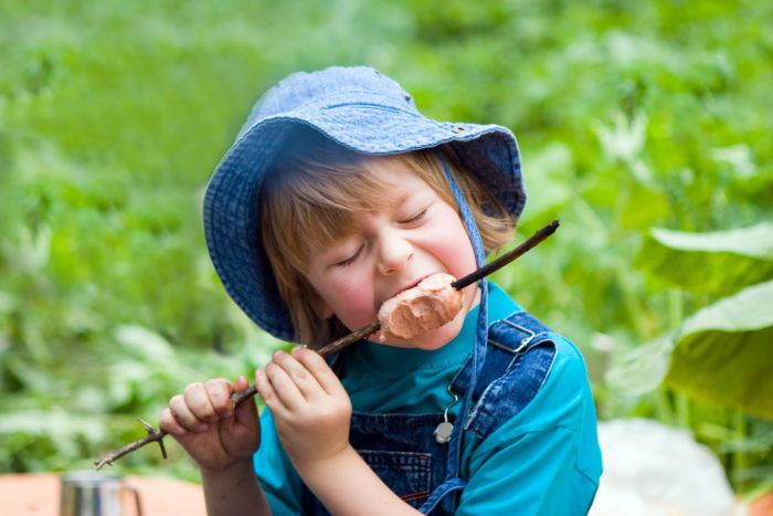 Boy eating sausage cooking by bonfire in hike (series children)